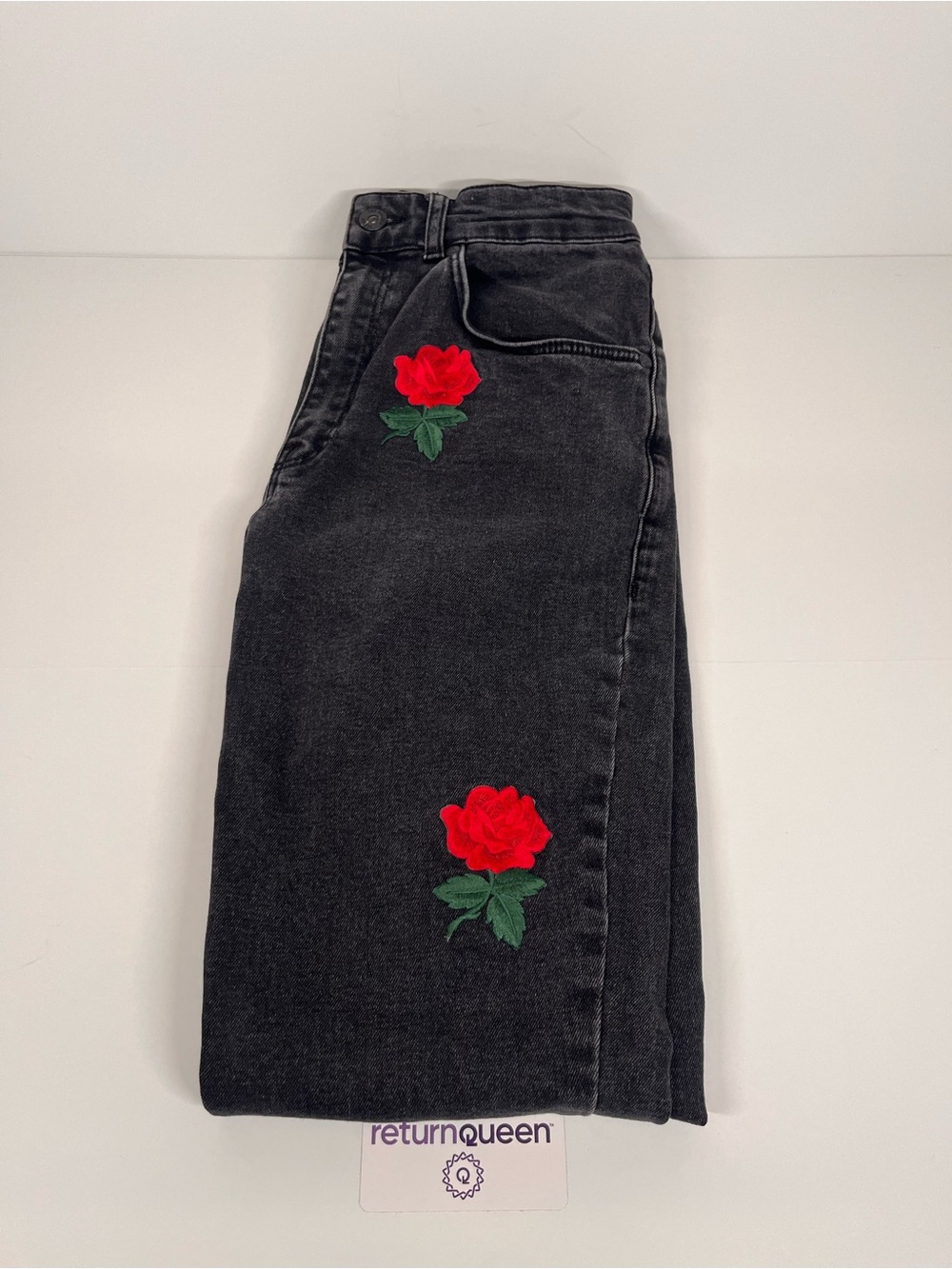 The Ragged Priest Black Jeans with Red Rose Embroidery